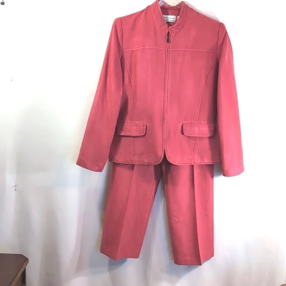 Alfred Dunner Pantsuit Faux Pink Suede Jacket Size 14P Matching Pants Size 12P